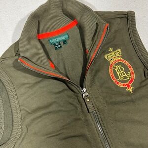 Lauren‎ Jeans Company Ralph Lauren Olive Green Vest Zip Drawstring Crest *FLAW